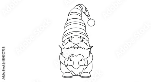 Minimalist line art of a cute garden gnome holding a small heart and wearing a very tall striped hat with a pom pom.