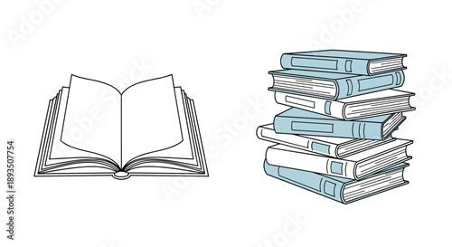 Set of book illustrations including an open book with turning pages and a tall stack of closed light blue books.