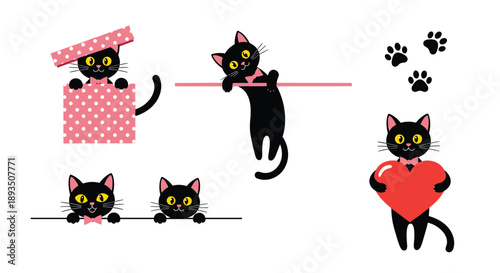 Adorable black cat characters in a variety of cute poses including hiding in a gift box and holding a red heart.