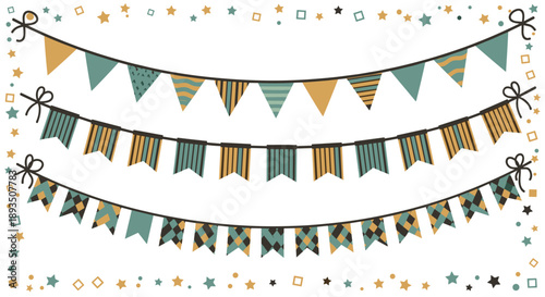 Colorful party bunting banners with stripes and solid patterns surrounded by festive star and confetti decorations.