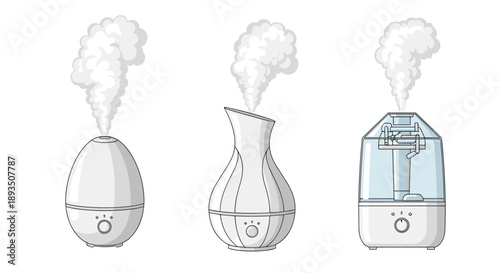 Set of three modern air humidifier designs or aroma diffusers emitting white steam mist on a white background.