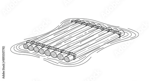 Detailed black and white line drawing of a traditional wooden log raft floating on top of gentle water ripples.