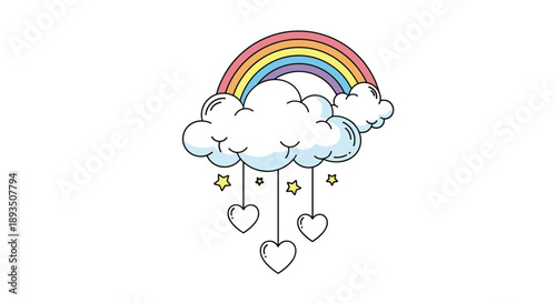 Whimsical fluffy cloud with a colorful rainbow behind it and hanging heart and star charms on thin vertical strings.