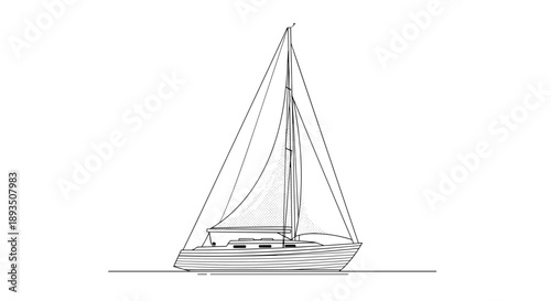 Clean black and white line drawing of a modern sailing yacht or sailboat floating on a calm flat water surface.