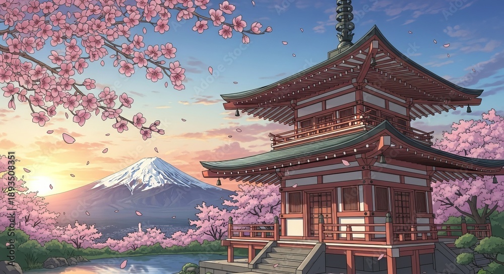 Fototapeta premium Pagoda and Mount Fuji in Cherry Blossom Season, Japan