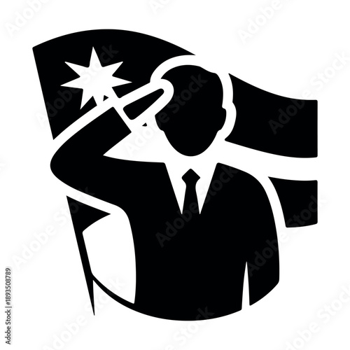 A silhouette of a person in a suit saluting with a flag featuring a star in the background