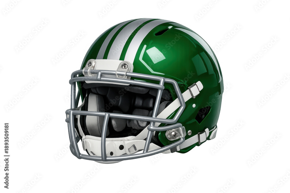 Fototapeta premium American football helmet displaying green shell with silver stripes and dark grey face mask, protective gear on transparent background