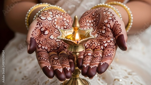 Top view of open female palms featuring detailed floral henna art holding a traditional lighted brass oil lamp during a festive celebration
