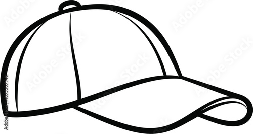 Simple black and white line art illustration of a classic baseball cap