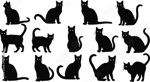 Black cat silhouettes collection in various sitting and walking poses, spooky feline characters isolated on white background, Halloween vector illustration set