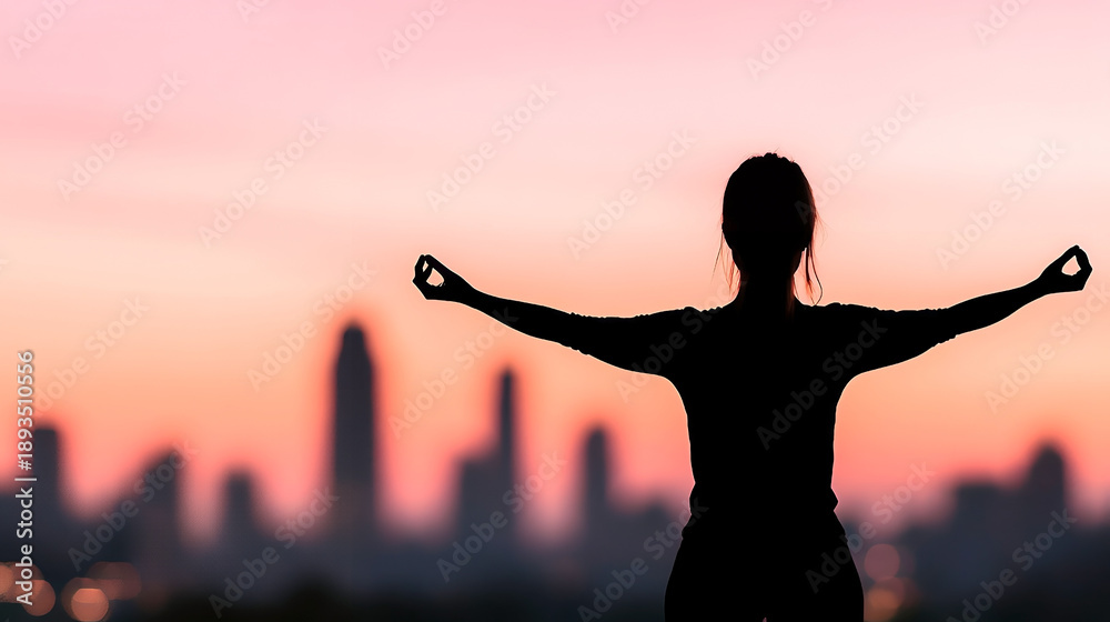 Fototapeta premium A silhouette of a woman practicing meditation against a vibrant sunset skyline, promoting mindfulness and peace