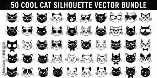 Cool cat silhouette vector bundle featuring fifty stylish cat faces, black and white pet icons for t shirt design, stickers, logos and branding projects