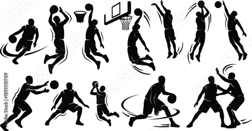 Basketball Player Silhouettes, Dribbling Shooting and Slam Dunk Action