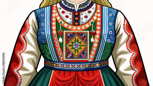 Very beautiful close-up of a traditional Norwegian women’s bunad dress with intricate embroidery and rich textile layers, isolated on white background, highlighting Nordic cultural pride and craftsman