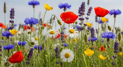 A vibrant field of wildflowers including cornflowers poppies daisies and lavender blooms under a cloudy sky