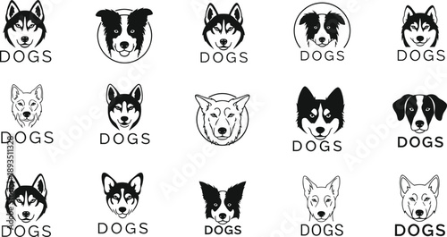 Dog face logo collection, minimal canine head icons set, black and white pet symbols, modern vector illustration for branding and design