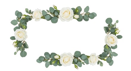 A delicate floral arrangement of white roses and eucalyptus leaves forms a decorative frame on a white background