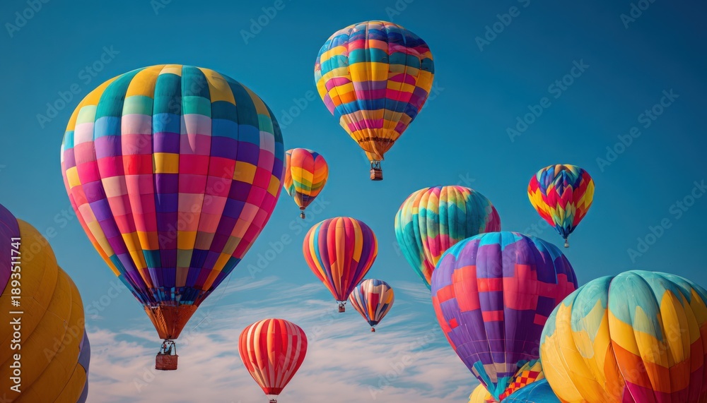 Obraz premium Colorful hot air balloons floating in a clear blue sky with fluffy clouds, creating a vibrant and festive atmosphere during a balloon festival