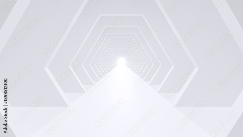 Fototapeta premium Abstract white hexagonal tunnel leading to bright light, futuristic 3D architectural corridor, concept of future, technology and progress.