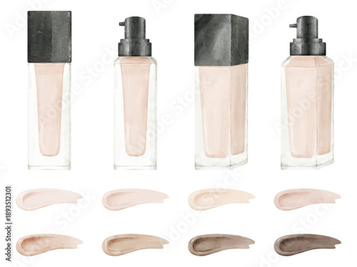 水彩画風のリキッドファンデーションと肌の色見本のイラストセット