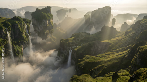 Fantasy Floating Mountains with Waterfalls in Misty Green Valley at Sunrise