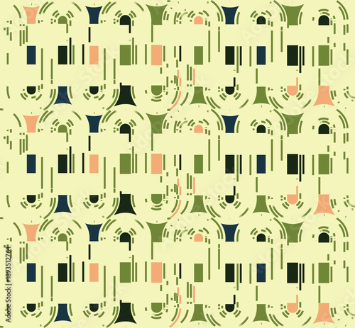 A geometric pattern with abstract shapes in green, navy, and peach on a soft yellow background, creating a dynamic visual effect.