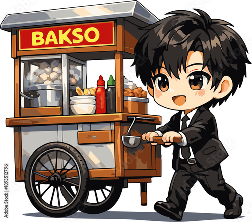 Illustration of Male Street Vendor Selling Bakso Meatballs
