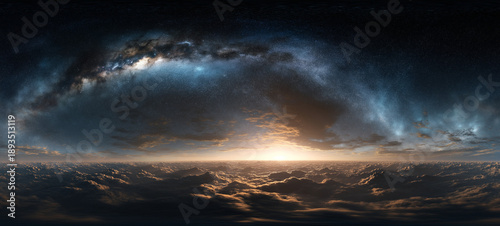 Epic 360 Degree Milky Way Galaxy Sky Above Clouds at Cosmic Sunrise, Panoramic Space Background with Stars, Nebula and Horizon Light, Cinematic Sci-Fi Universe for VR, Metaverse 
