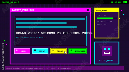 A vibrant retro gaming interface displays user stats and social features. This graphic shows activity including likes, shares, and replies in a pixel art style.