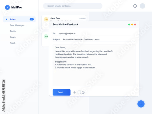 User provides feedback regarding a SaaS dashboard layout. Suggestions include adding more contacts to the sidebar and toggling dark mode in the header for better usability.