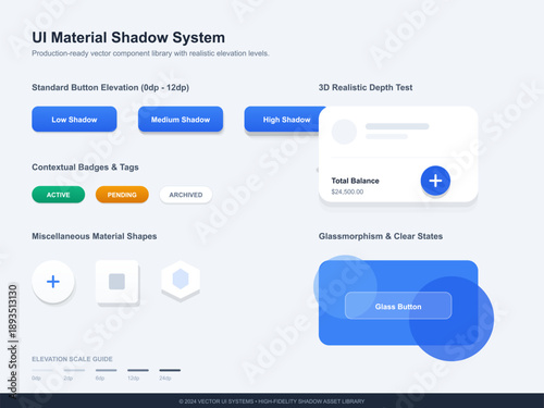 This vector illustration shows a UI material shadow system featuring different button elevations, contextual badges, and material shapes designed for user interface design projects.