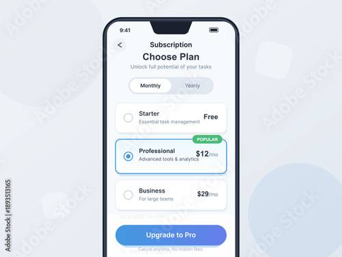 User navigates through subscription options on a mobile application for task management. Choices include free, professional, and business plans. Price details are shown.
