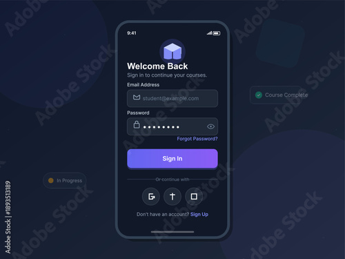 User interface design shows a welcome back screen for an online course platform. It features fields for email and password, along with sign in and sign up options.
