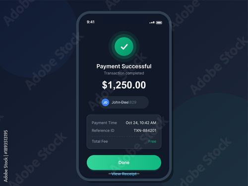 A mobile device displays a payment confirmation screen. The transaction is for $1,250, completed on October 24 at 10:42 AM. It shows a reference ID and total fee information.