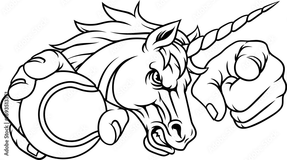 Fototapeta premium Unicorn horse stallion angry tennis sports team mascot holding a ball.