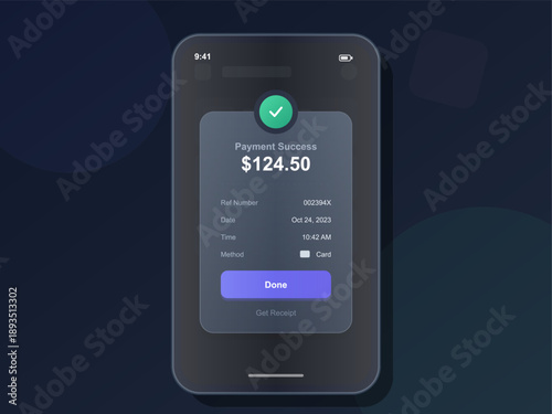 A mobile phone screen shows a payment success message. The screen displays the amount, date, reference number, and payment method, allowing users to get a receipt.