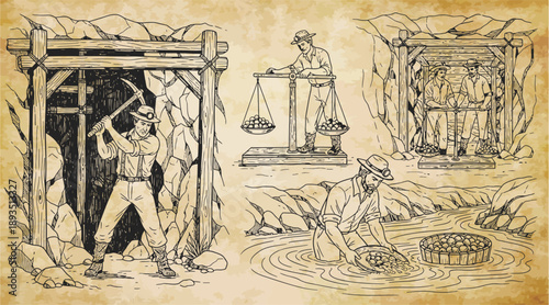 Vintage illustration depicting various scenes of gold mining, including digging, panning, weighing, and working in a mine.