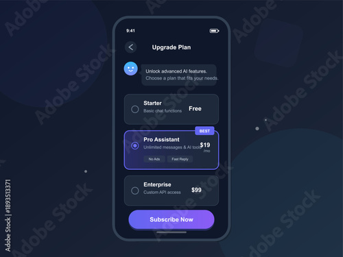 The mobile application displays upgrade plan options including starter, pro assistant, and enterprise plans with features and pricing for users to choose from.