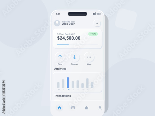 A digital display of a mobile banking application showcasing user balance, transaction history, and analytics. The screen design highlights essential banking features.