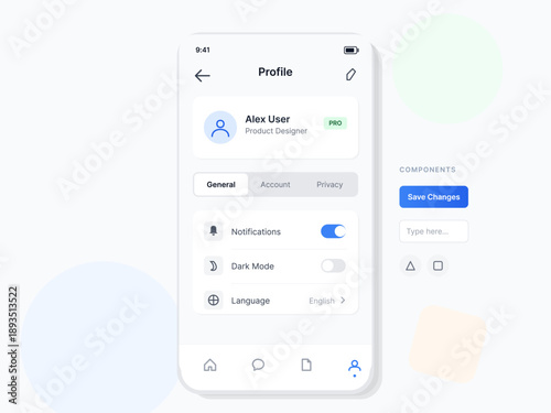 A user profile layout shows settings for notifications, dark mode, and language options. Component buttons are available for saving changes and typing input.