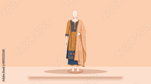 Fashion Showcase, Ethnic Attire, Studio Display, Illustration, Minimalist Environment, Side View, Cultural Representation