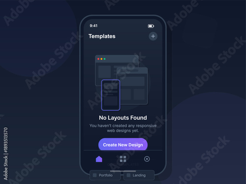 Mobile device screen displays a template interface indicating no layouts found. The dark theme highlights the need for new design creation. Users can start building a responsive design.