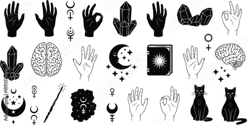 Occult magic symbols illustration set with hands crystals moon cat brain tarot book, esoteric witchcraft elements collection, black white vector icons