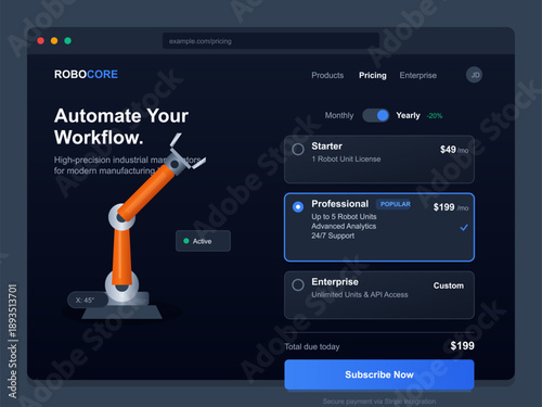 Robotic arm automation tool displays subscription pricing with options for starter, professional, and enterprise plans. User can select desired plan with features shown clearly.
