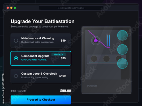 Users can select service packages to improve their battlestation's performance. Options include maintenance, cleaning, component upgrades, and overclocking.