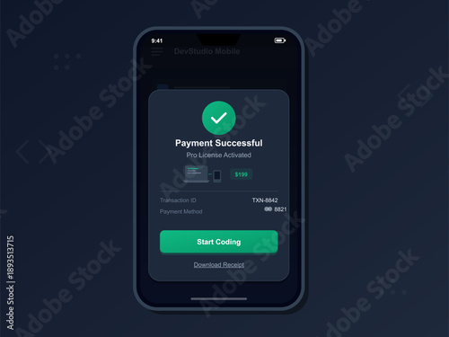 User receives a notification about a successful payment for a pro license activation within a mobile application. The screen displays transaction details and options for further action.