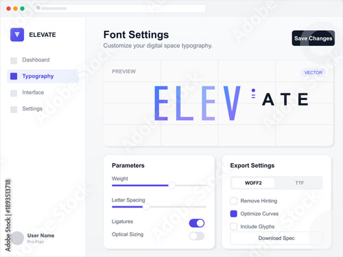 The digital workspace shows typography settings for font customization. Adjust options like weight and letter spacing to enhance design projects. Save changes for use.