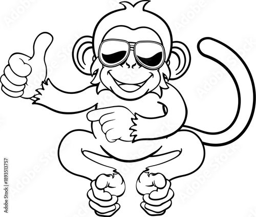 A monkey cool cute happy cartoon character animal wearing sunglasses pointing and giving a thumbs up
