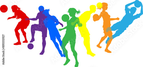 Soccer football player male and female colorful silhouette outlines men and women group