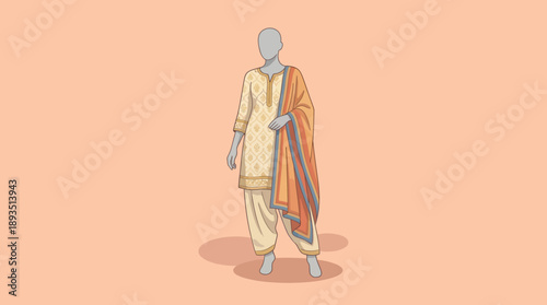 Traditional Outfit with Dupatta, Studio Setting, Digital Illustration, Elegant Aesthetic